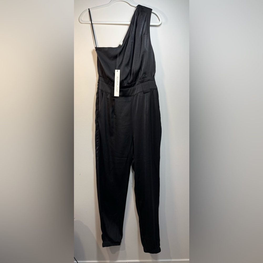 Mustard Seed Anthropologie NWT Black One-Shoulder Silk Jumpsuit Size Small